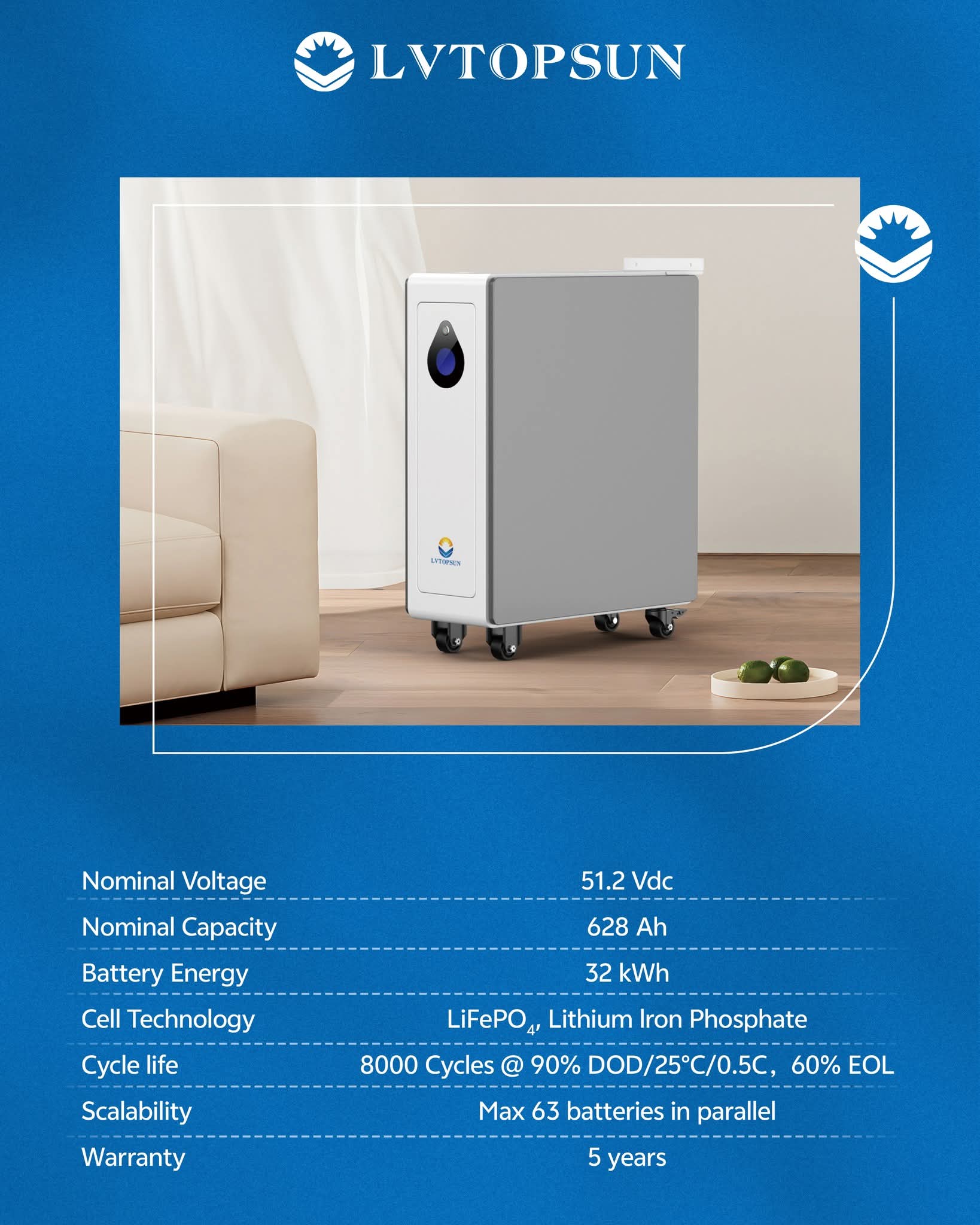 LVTOPSUN 32kWh Lithium Battery | 51.2V LiFePO4 Battery | 8000 Cycle Life | 5-Year Warranty
